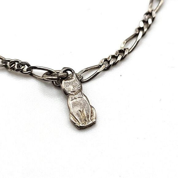 Sterling Silver Cat Charm Anklet Signed 925 AT 10in - Picture 1 of 4